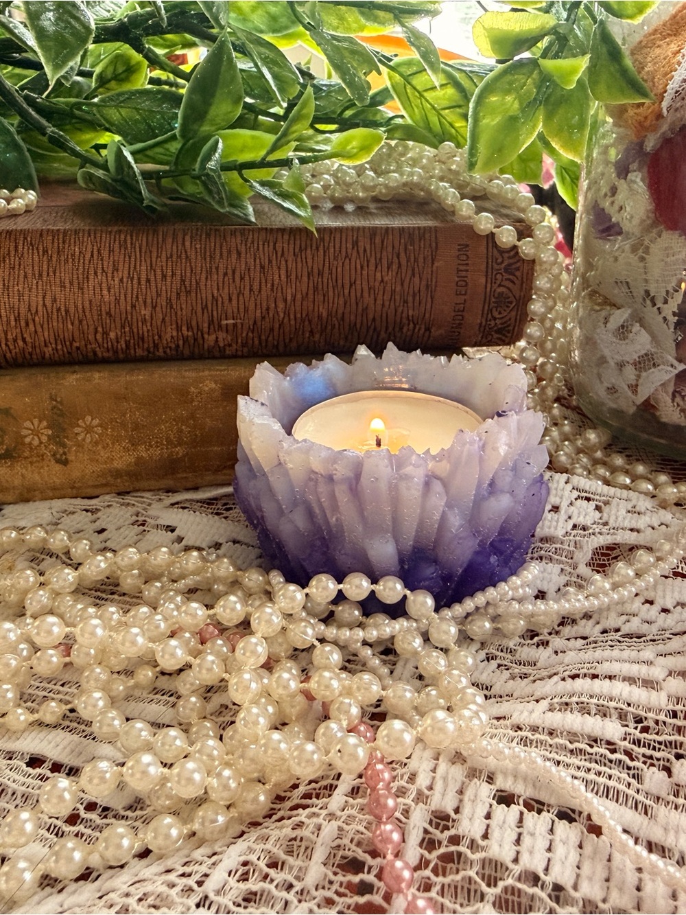 Purple Crystal Lotus Candle Holder - Elegant Home Accent